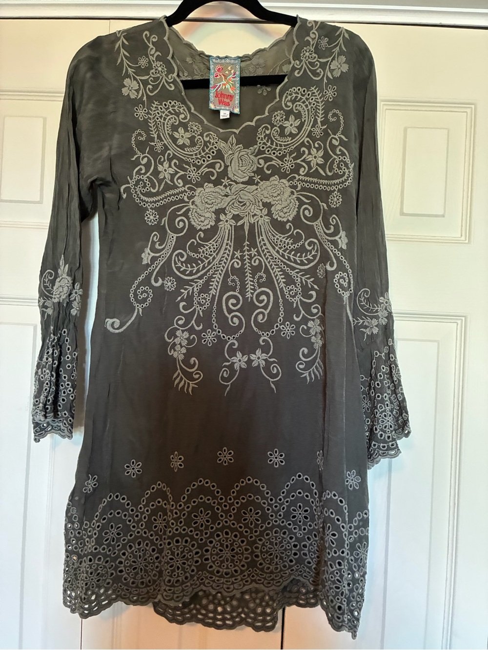 Johnny Was Olive Green Embroidered Long Sleeve Tunic Dress XS